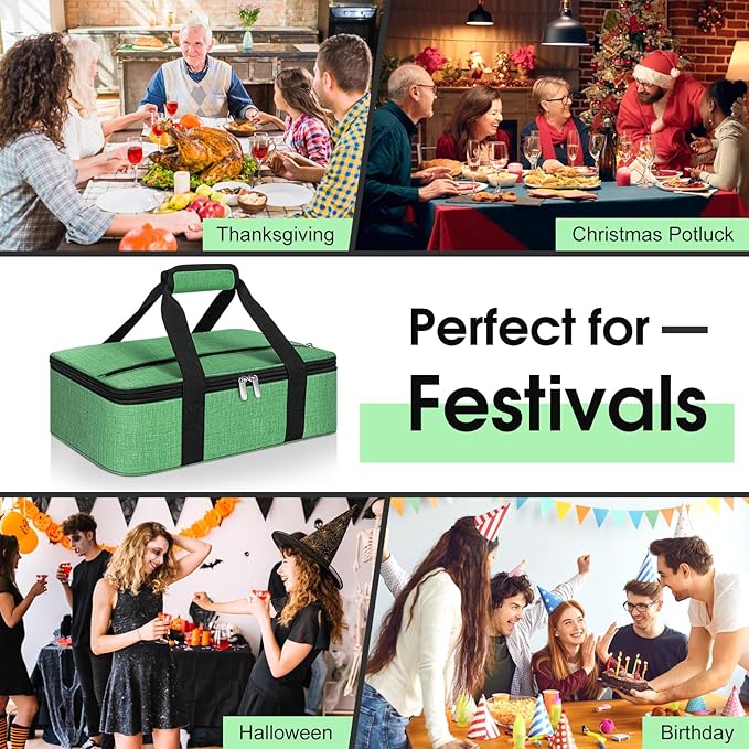 Insulated Casserole Carrier, Portable Casserole Carrier for Hot or Cold Food Lunch Tote Warmer or Cooler Bag, Lasagna Lunch Bag for Potluck Parties- Fits 9" x 13" Baking Dish-Green