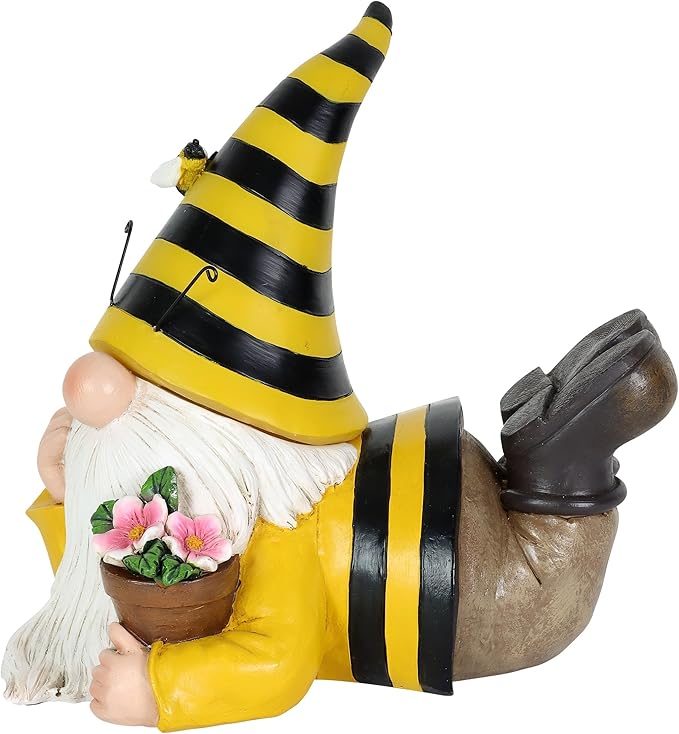 Exhart Solar Beekeeper Garden Gnome Statue, LED Hat, Flowers,Hand Painted Cute Yard Décor,5.5" x 8.5”