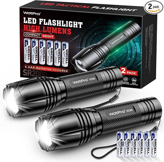 WdtPro LED Flashlight High Lumens SR2000 Pro, 2 Pack Brighter Tactical Flashlights with 5 Modes & Zoomable, Powerful Mini Flash Light for Emergency, Camping, Hiking (Black)