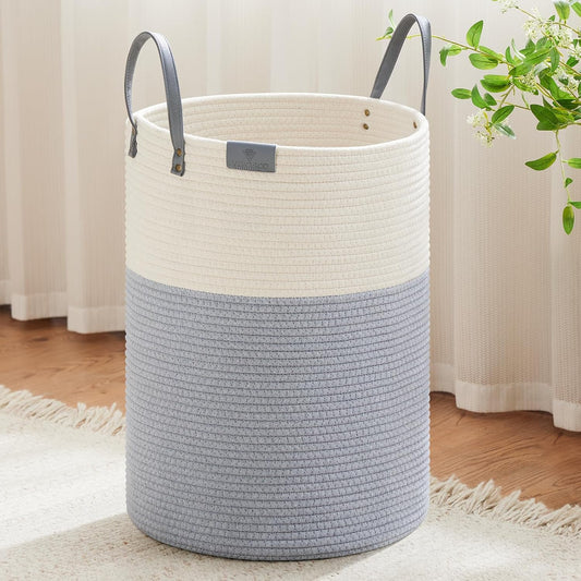VIPOSCO Tall Laundry Basket, Large Dirty Clothes Hamper with Leather Handle, Woven Rope Storage Basket for Blanket, Toy In Living Room, Bathroom, Bedroom - 100L Grey & White