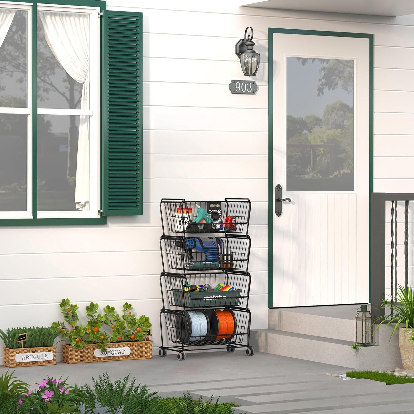 PUSDON Stackable Metal Storage Carts, Dual Use Shelf for Kitchen Fruit Vegetable Baskets with Wheels, Storage Rack for Living Room, Home & Office, Standard Black 4 Tiers