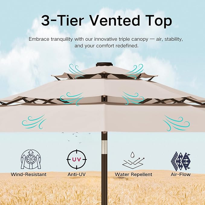 Kingdura 10ft 3-Tier Patio Umbrella with Solar Lights, Table Umbrella Outdoor Patio with Easy Crank & Tilt, 8 Sturdy Ribs, UV Protection, 32 LED Lights for Deck, Poolside, Market (Beige)
