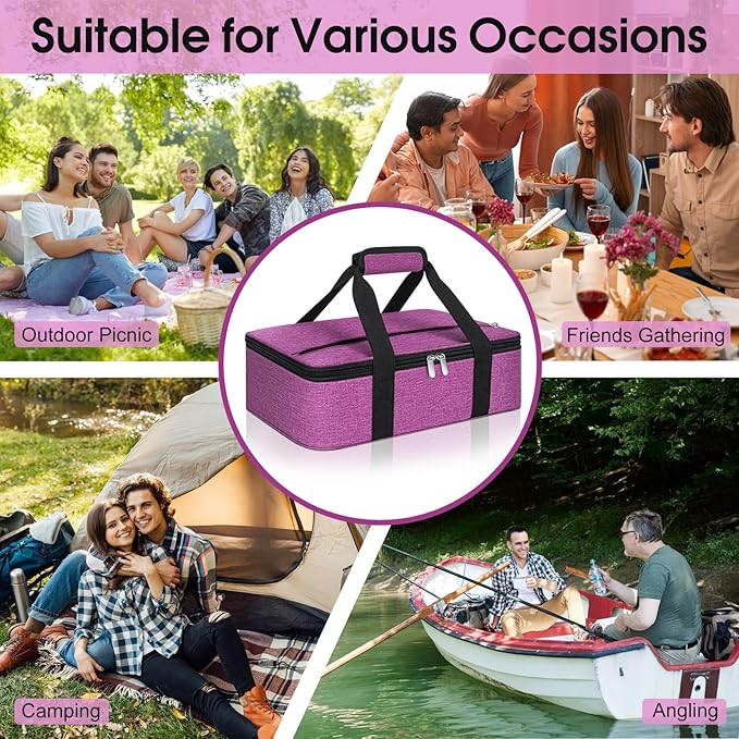 Insulated Casserole Carrier, Portable Casserole Carrier for Hot or Cold Food Lunch Tote Warmer or Cooler Bag, Lasagna Lunch Bag for Potluck Parties- Fits 9" x 13" Baking Dish-Rose Purple