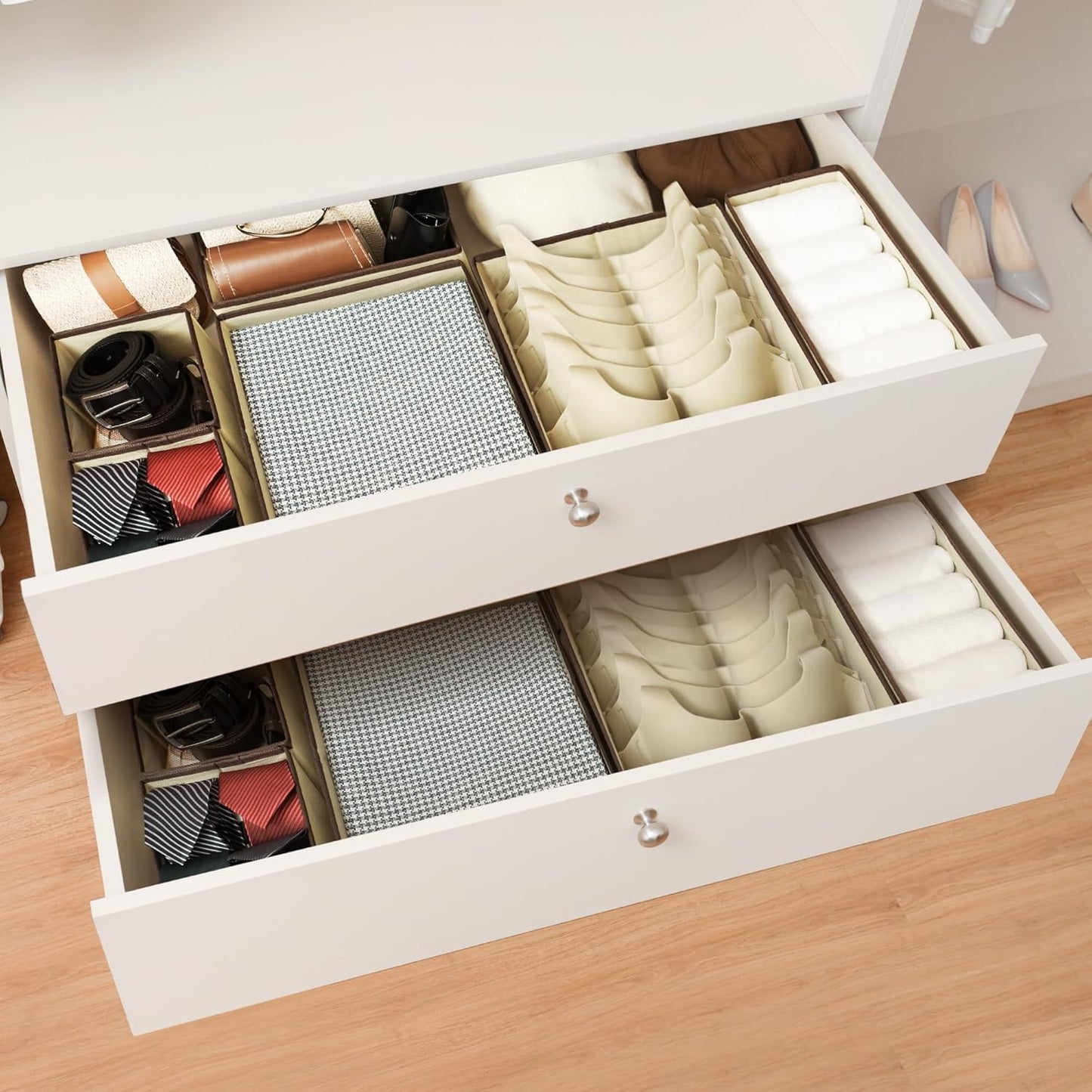 Cupic Cupid Drawer Organizer, Dresser Organizers, Foldabe Drawer Organizer Clothes, Closet Organization and Storage Dividers for Socks, Underwear and Diaper, Set of 12, Beige