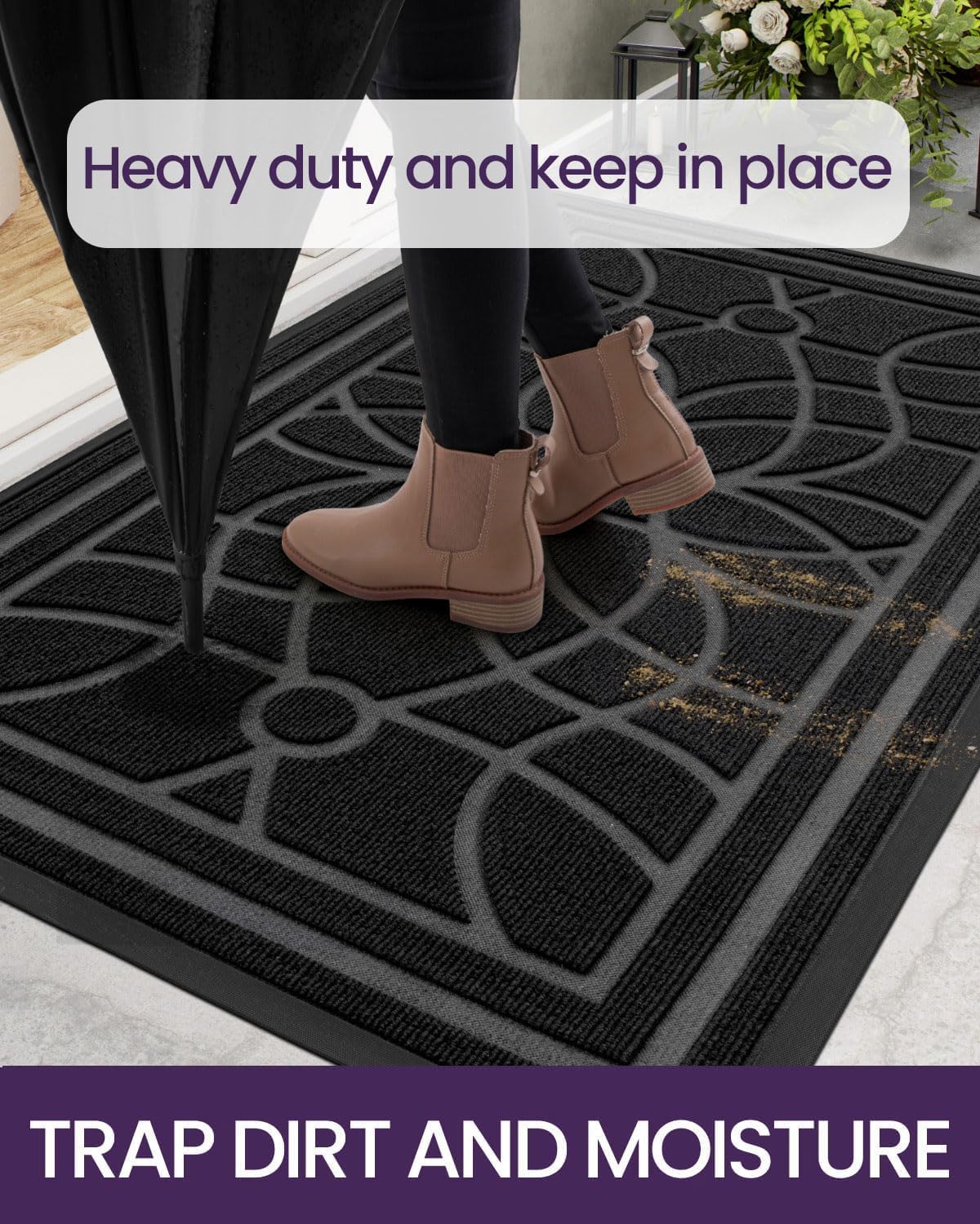 DEXI Front Door Mat Outside Entrance, Heavy Duty Non Slip Low Profile Doormat for Entryway, Trap Dirt and Moisture Welcome Mats, Easy Clean, Patio, Garage, 6x4, Black