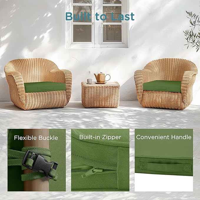 Codi Outdoor Seat Cushions for Patio Furniture 22x22 Inch, Waterproof Chair Cushion with Handles & Adjustable Straps, Fade Resistant - Set of 2, Green