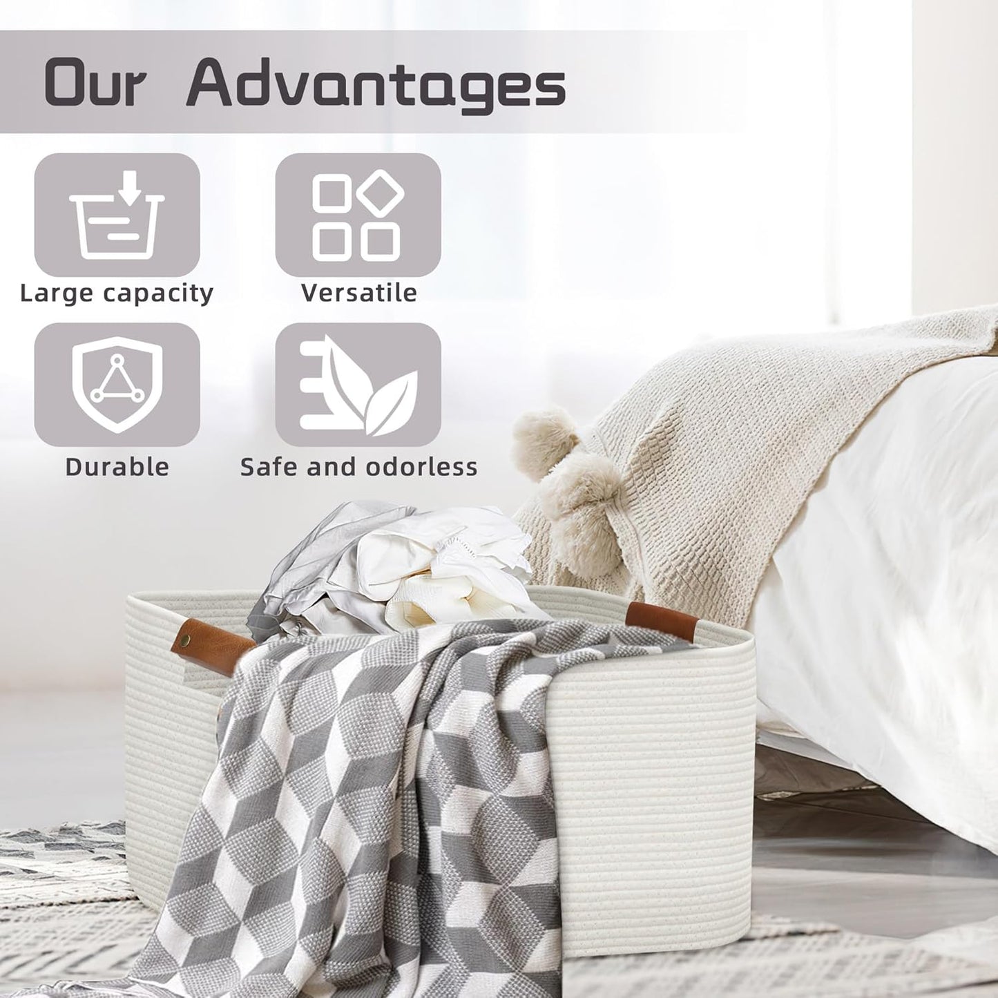 Large Collapsible Laundry Basket, Clothes Hamper for Blanket, Toy, Towels, Woven Baskets for Storage, Nursery Home Decor Living room 21.6" x 15" x 11.8" White