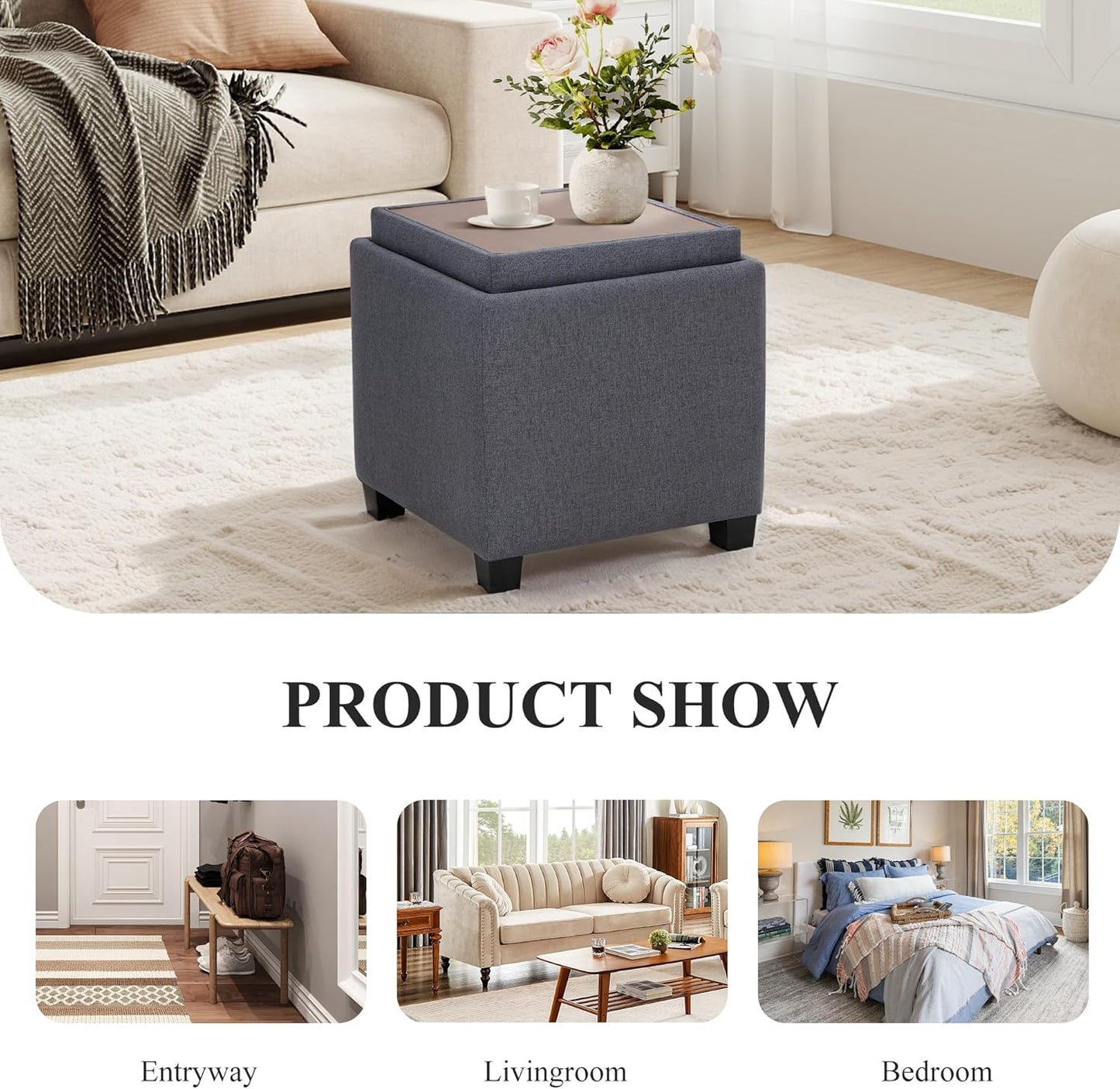 COLAMY Fabric Square Storage Ottoman with Reversible Tray Lid – Multi-Functional Footrest, Hidden Storage, Sturdy & Stylish Small Coffee Table for Living Room, Bedroom, or Entryway(Grey)