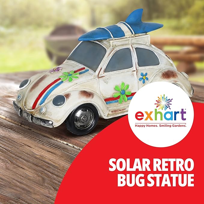 Exhart Garden Sculpture, Solar Retro Bug Garden Statue, LED Lights, Outdoor Garden Decoration, 6 x 13 x 7.5 Inch