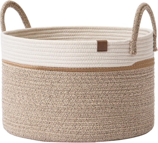 LA JOLIE MUSE Woven Basket Rope Storage Baskets - Tall Cotton Basket, Laundry Basket for Blanket, Kids Toy, Nursery Clothes Hamper Basket-S