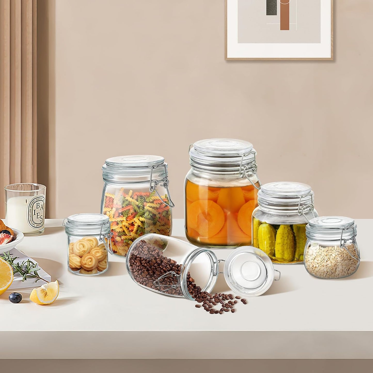 Glass Food Storage Jars with Airtight Lids 13 oz Round 4 Pack Kitchen Storage Containers Small Cabinet Canisters Sealed Pot Canning for Pasta, Cereal, Coffee, Beans, Spice