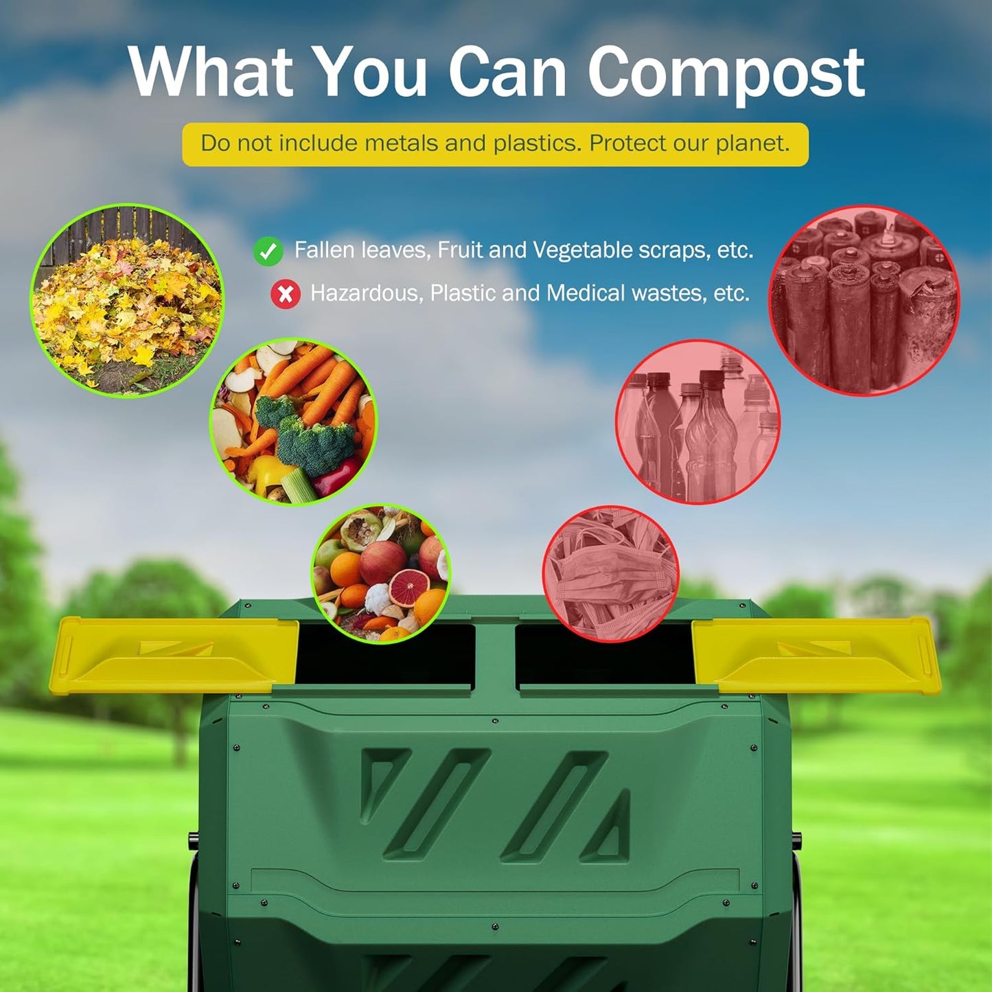 43 Gallon Outdoor Dual Chamber Tumbling Composter - BPA Free, Rotating Compost Bin with Sliding Doors & Steel Frame for Garden/Yard