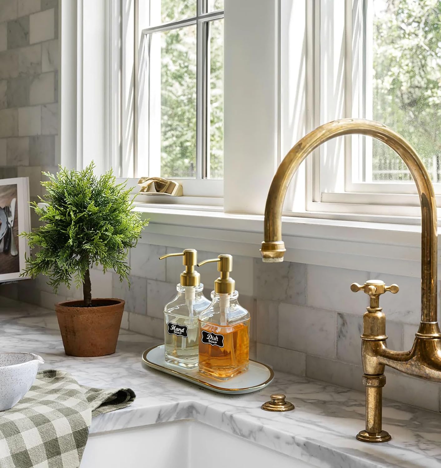 JASAI Antique Square Glass Soap Dispenser with Golden Rust Proof Pump, Refillable soap Dispenser with 10Pcs Stickers for Kitchen, Dish Soap Dispenser for Kitchen Bathroom Soap, Hand soap, Lotion.