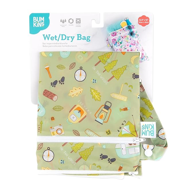 Bumkins Waterproof Wet Dry Bag for Baby, Travel, Swim Suit, Cloth Diapers, Pump Parts, Pool, Beach, Gym Clothes, Toiletry, Hook to Stroller, Daycare, Zip Reusable Wetdry Packing Pouch, Camp Gear Green