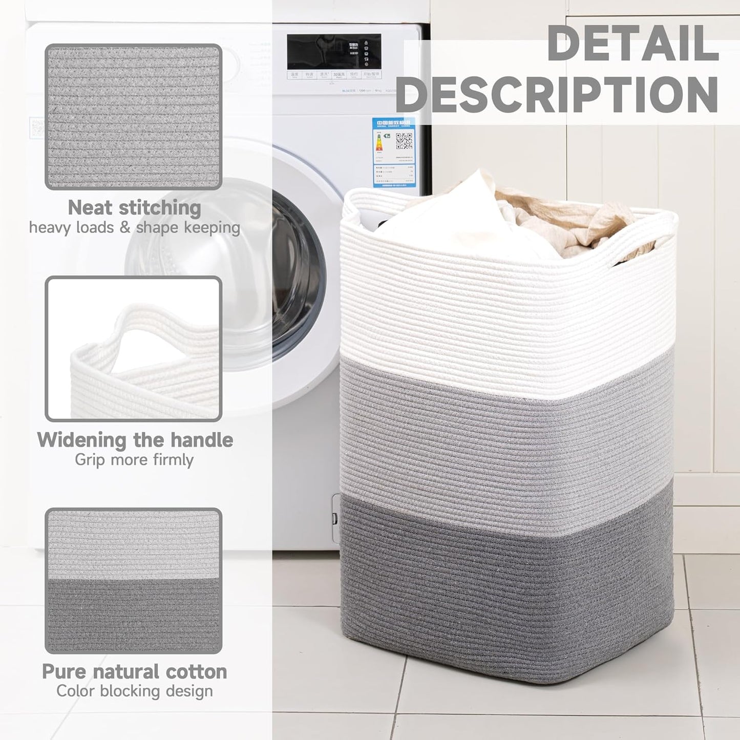 CLHMILY&Z 95L Laundry Basket Rectangular Grey Rope - 16x15x24 Inches - Dirty Clothes and Soft Storage Bin for Blankets, Toys, and Nursery Essentials