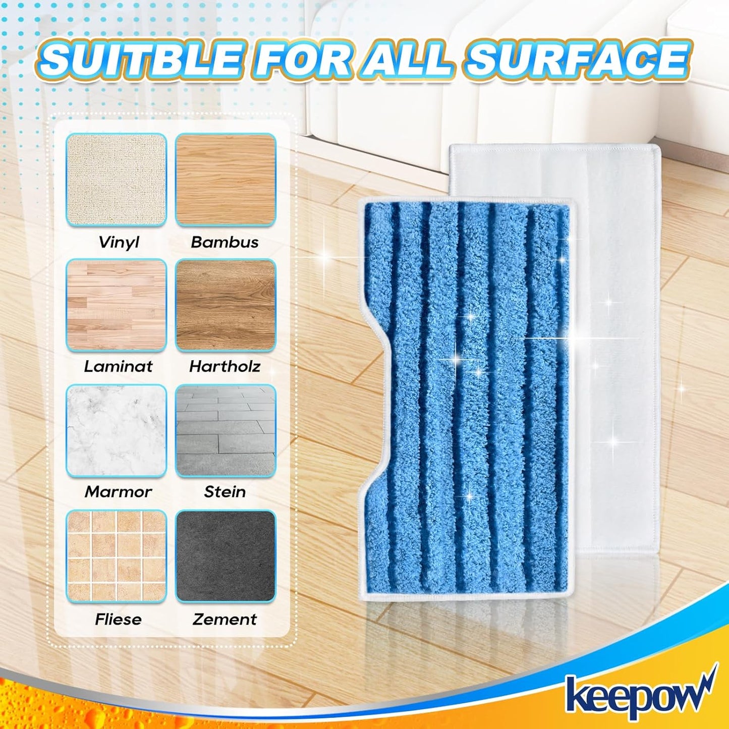 KEEPOW Reusable Mop Pads Refills, Replacement Pads Compatible with Shark Vac Mop VM252 VM200 VC205 VM250 /QM250 VM190 VM200P12, Hardwood Floor Mop Pad, Blue 1+2+3 Pads