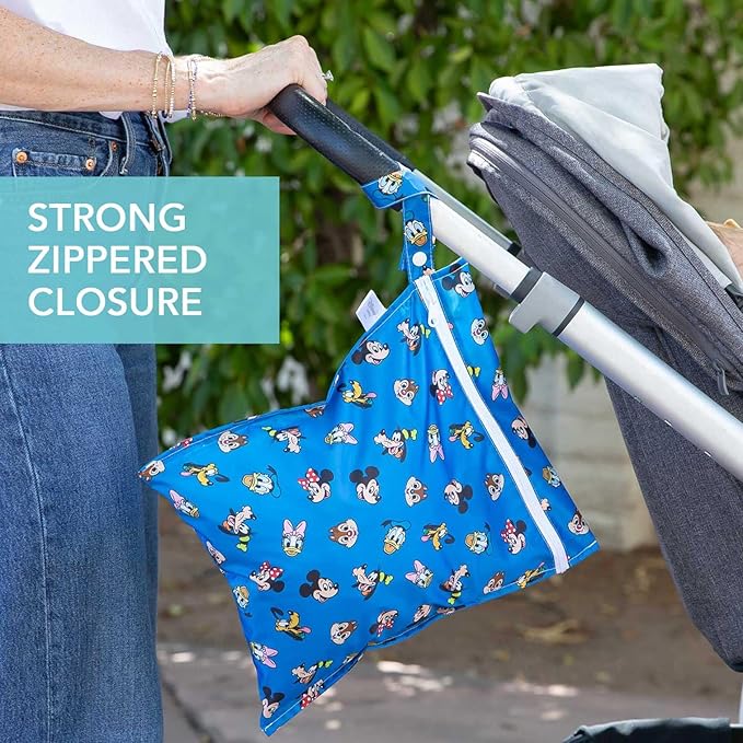 Bumkins Disney Waterproof Wet Bag for Baby, Travel, Swim Suit, Cloth Diapers, Pump Parts, Pool, Beach, Gym Clothes, Toiletry, Hook to Stroller, Daycare, Zipper Reusable Wetdry, Mickey and Friends Blue