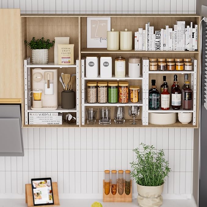 Expandable Spice Rack, Stackable Metal Pantry Storage Shelves Stand, Adjustable Height Cabinet Shelf Organizer Racks(2PACKS/WHITE,LARGE)