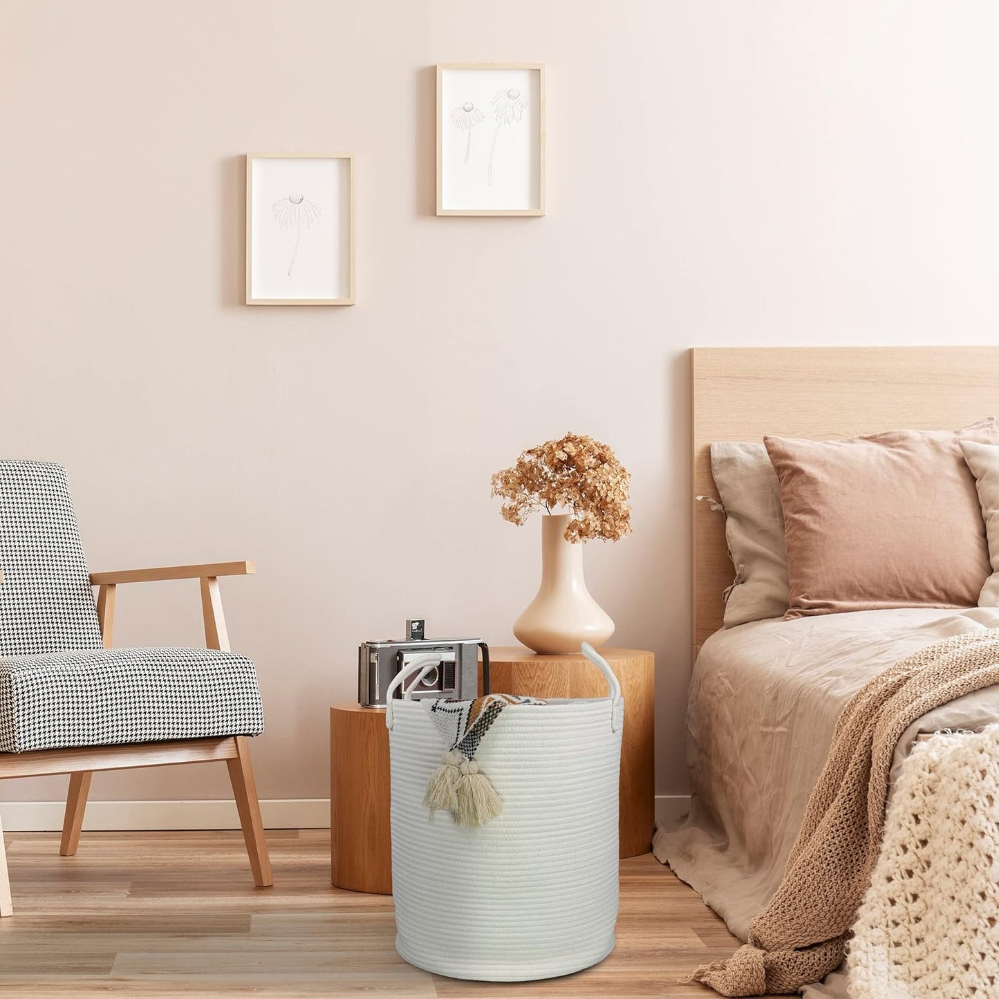 Cotton Rope Laundry Basket Hamper for Clothes Decorative Woven Storage Basket for Living Room Bedroom Boho Tall Rope Baskets for Blanket Toys Baby Nursery Hamper Bin Large white