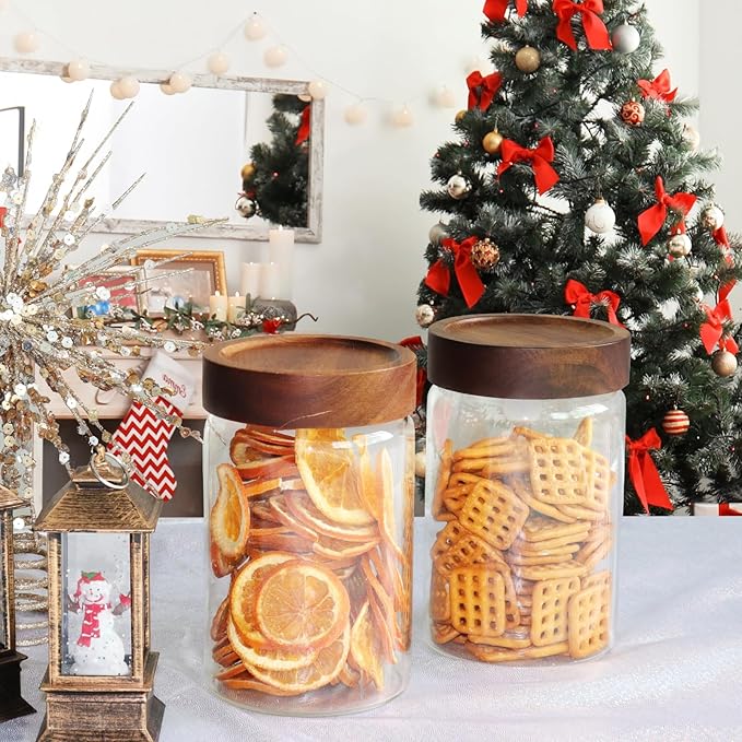 Glass Coffee Jars Spice Jar Round Storage Canister with Wooden Lid Clear Glass Food Jar for Pantry Sugar Tea Coffee Bean Spice Nuts Cookies Bath Salts (900ML*2PACK)