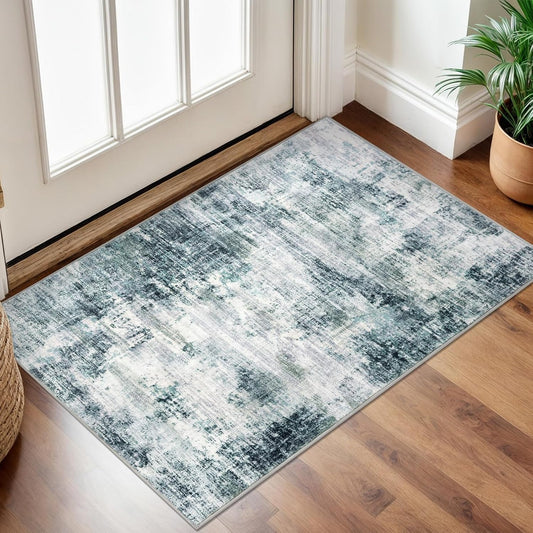 IOHOUZE Small Abstract Area Rug 2x3 Ft Entryway Rugs Washable Door Mat Indoor Entrance, Rubber Backed Throw Rugs, Printed Faux Wool Non Slip Floor Carpet for Foyer Front Door Sink, Sage Grey