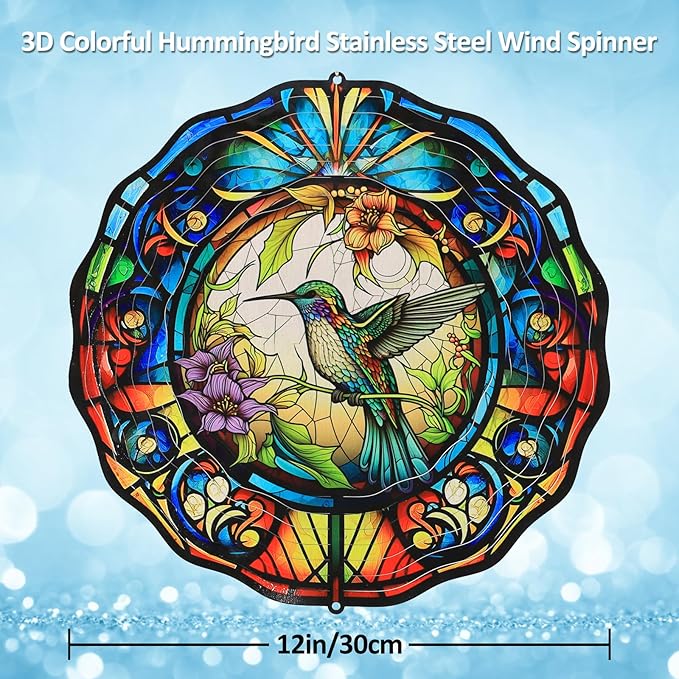 Wind Spinner - Durable Stainless Steel Hanging Wind Spinners - Indoor/Outdoor Hanging Decor - 12 Inch Wind Sculptures & Spinners for Gardens and Patios(Hummingbird)
