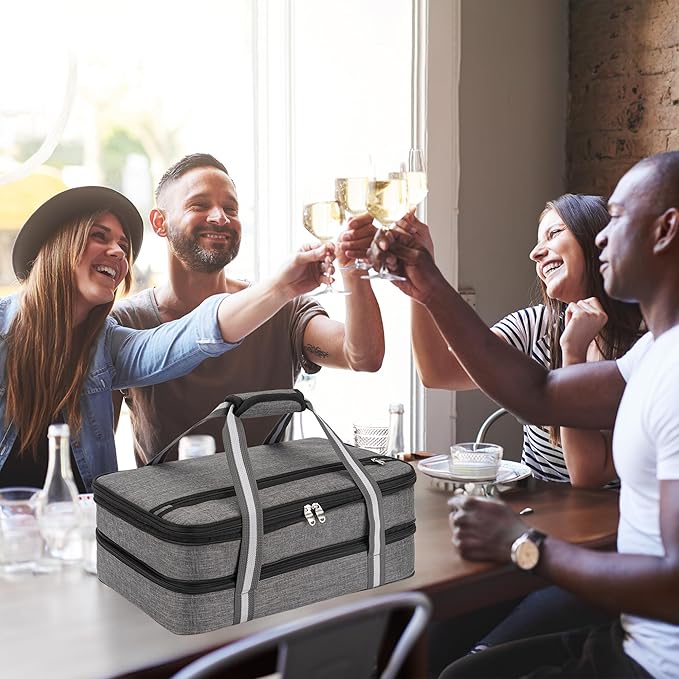 Stack Store Plus More Insulated Casserole Carrier for Hot or Cold Food, Lasagna Holder for Picnic, Potluck, Cookout - Fits 9” x 13” and 11” x 15” Baking Dish – Expandable Double Thermal Bag in Gray