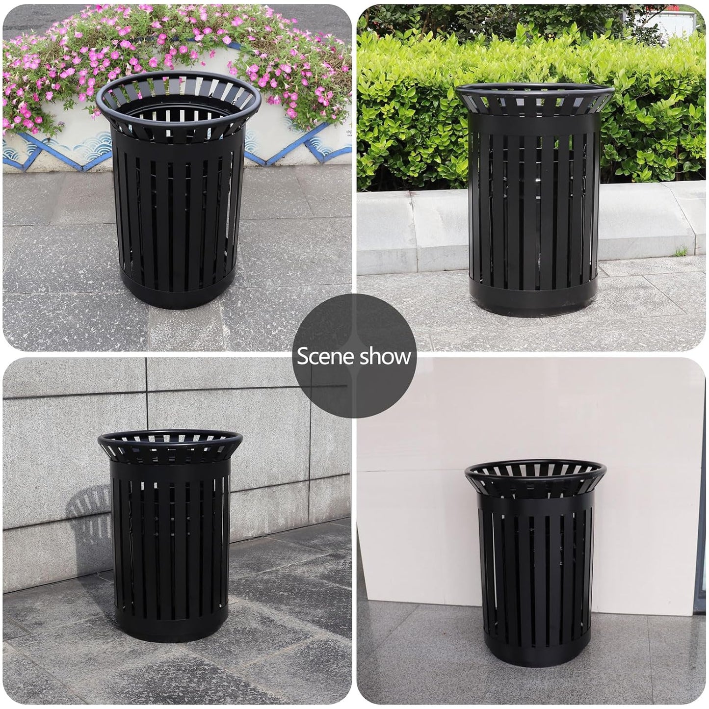 Outdoor Metal Slatted Trash Receptacle,Waste Receptacle，Commercial Trash Cans,Zone Round Garbage Bin,Square Hotel Street Patio Indoor Metal Stan (Big-Black)