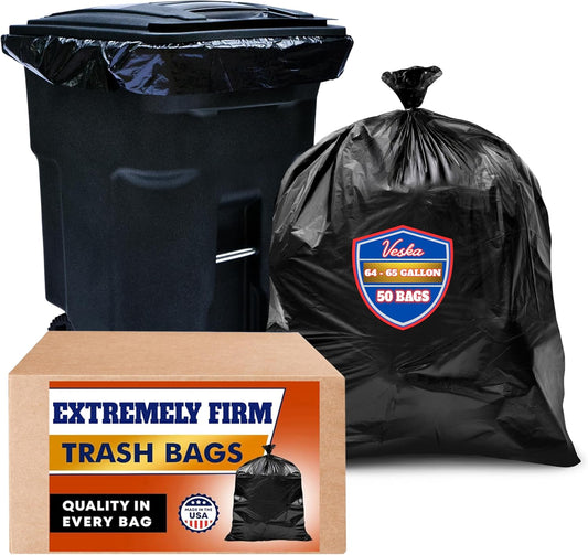 Veska 65 Gallon Trash Bags for Toter, (Value-Pack 50 Count w/Ties) Extra Large 64 Gallon Heavy Duty, 60 Gal Trash Bags Outdoor Garbage Can Liner for CustodiansExtra Large Garbage Bag 70 Gallon