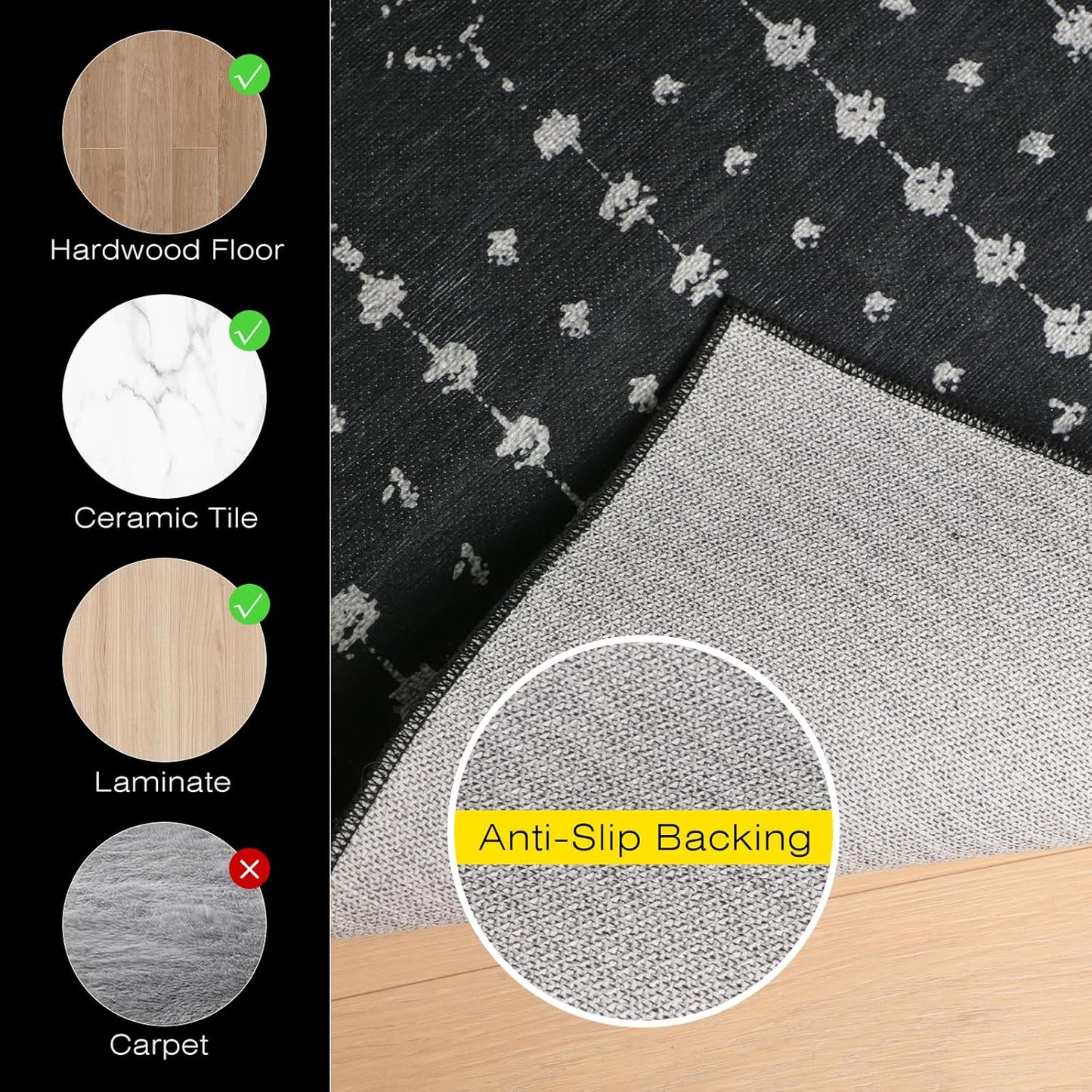 Office Chair Mat for Hardwood & Tile Floors, 48" x 36" Desk Chair Mat, Non-Slip Floor Protector for Rolling Chairs, Machine Washable Area Rug for Home Office, Black