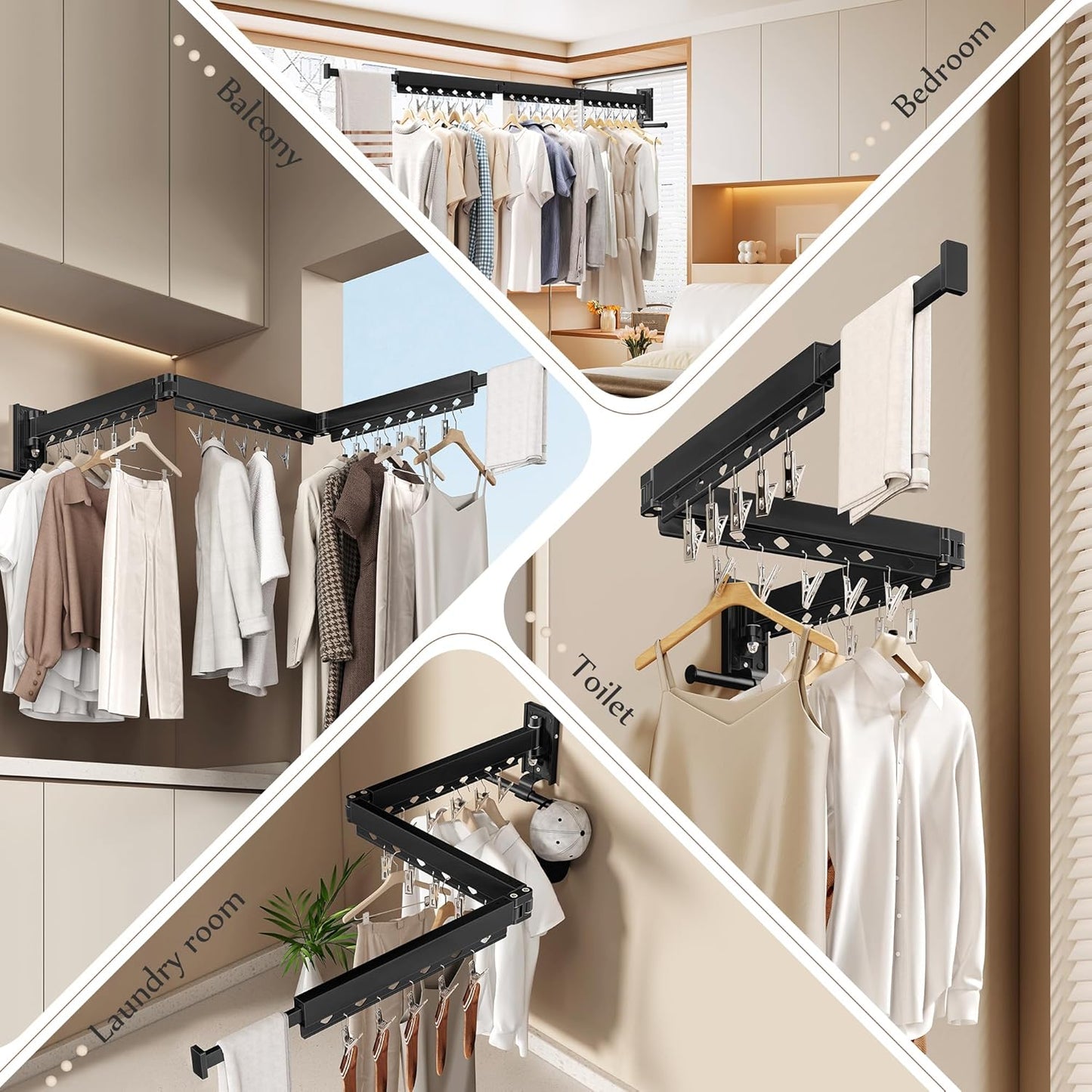 Wall Mounted Collapsible Clothes Drying Rack, Durable Space-Saving Laundry Drying Rack Clothing Hanger, Upgraded with Clips and Windproof Holes