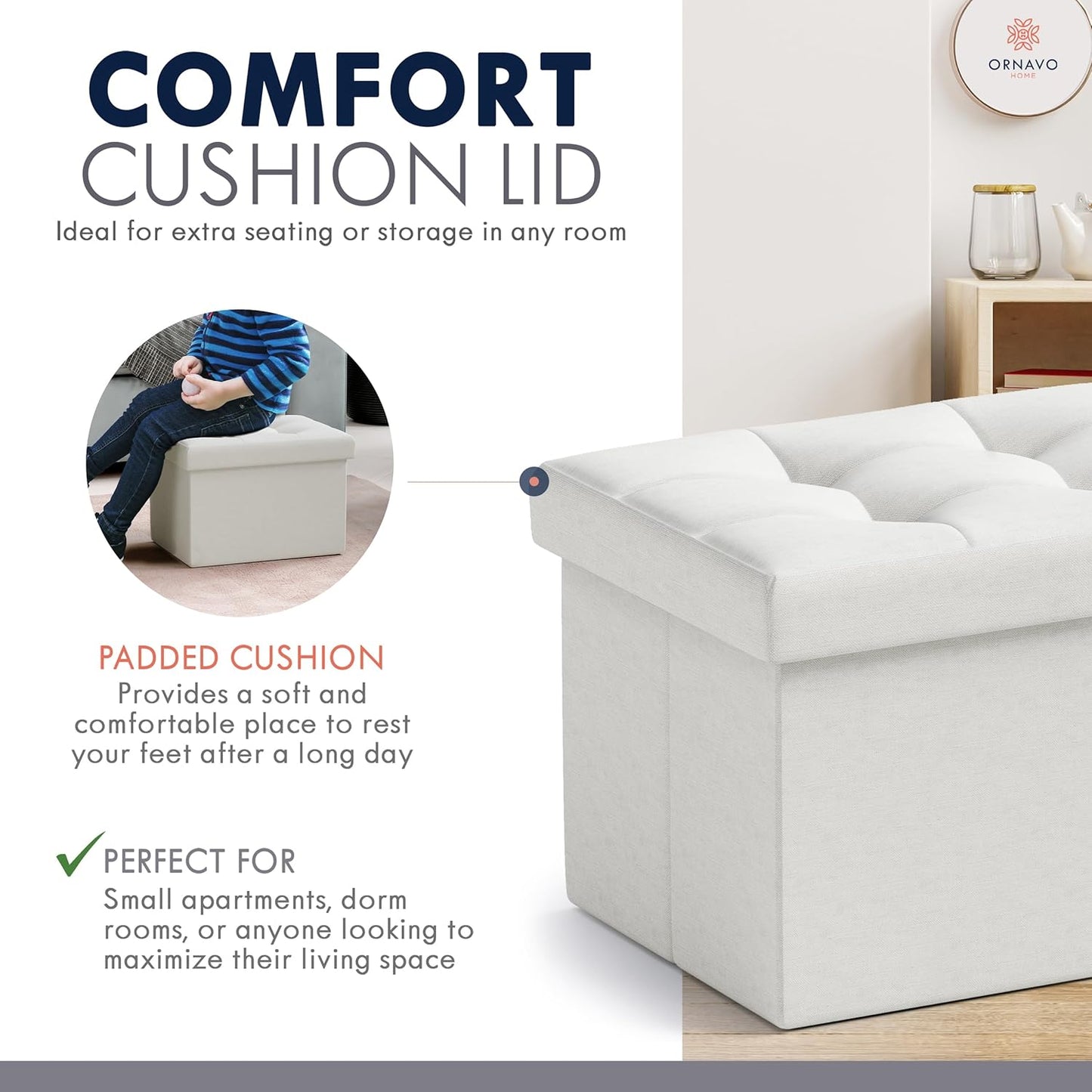 Ornavo Home Small Storage Ottoman Foldable Collapsible Rectangle Linen Ottoman Foot Rest Stool Seat, for Living Room, Bedroom, Home Office, Dorm - 12 x 16 x 12, White