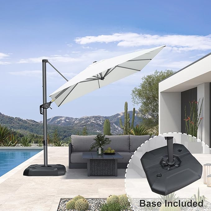 PURPLE LEAF 8 Feet Square Cantilever Umbrella Patio Umbrella with Base Outdoor Umbrella Aluminum Offset with 360-degree Rotation for Garden Deck Pool Patio White