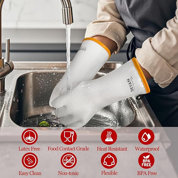 DEYAN Silicone BBQ & Oven Gloves - Food Grade, Heat Resistant Waterproof & Oil Proof Gloves for Grilling, Baking, Frying, Cooking - Long Sleeve & Non-Slip Grip, 1 Pair (White, 10/XL)