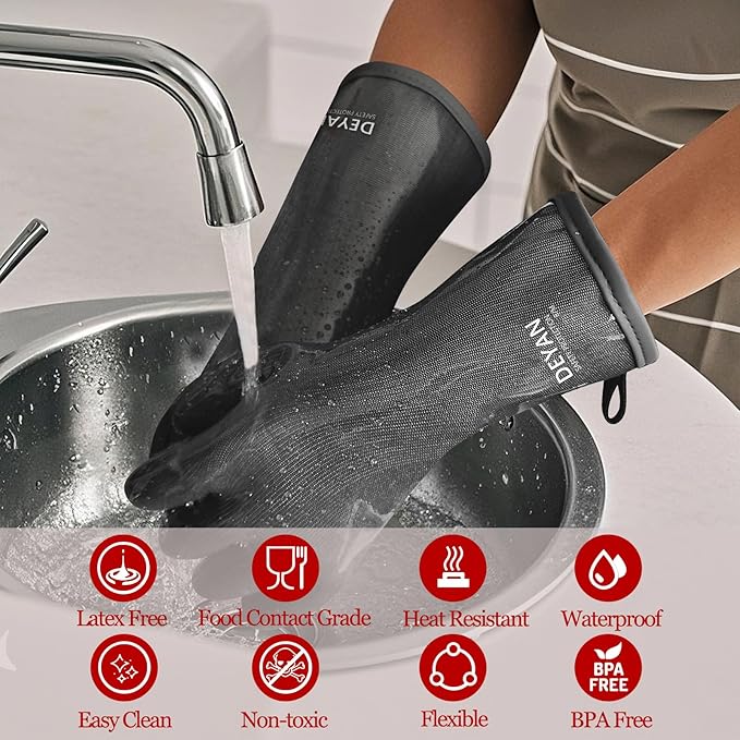 DEYAN Silicone BBQ & Oven Gloves - Food Grade, Heat Resistant Waterproof & Oil Proof Gloves for Grilling, Baking, Frying, Cooking - Long Sleeve & Non-Slip Grip, 1 Pair(Black, 8/M)