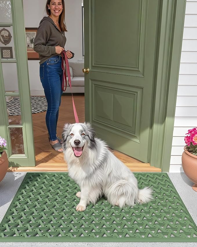 Color&Geometry Door Mat Outside Entrance with Drainage, Rubber Heavy Duty Dirt Trapper Waterproof Outdoor Welcome Mat, Outdoor Mats All Weather for Front Back Door Patio Entryway Entry,19"X30" Green