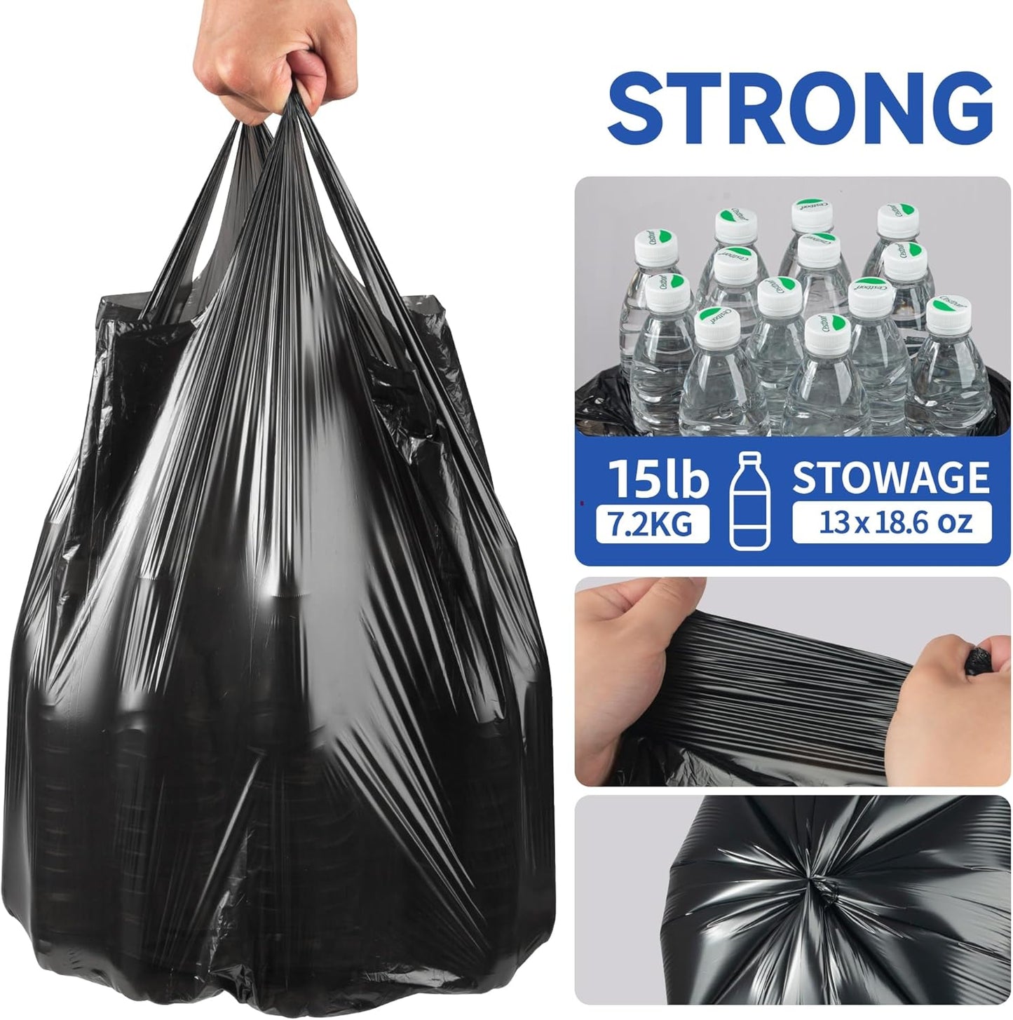 Small Trash Bags with Handles 2.6 Gallon 200 Count Black - Ocean Plastic Upcycling - Plastic Garbage Bags, Can Bin & Waste Basket Liner for Kitchen, Bathroom, Office and Pets
