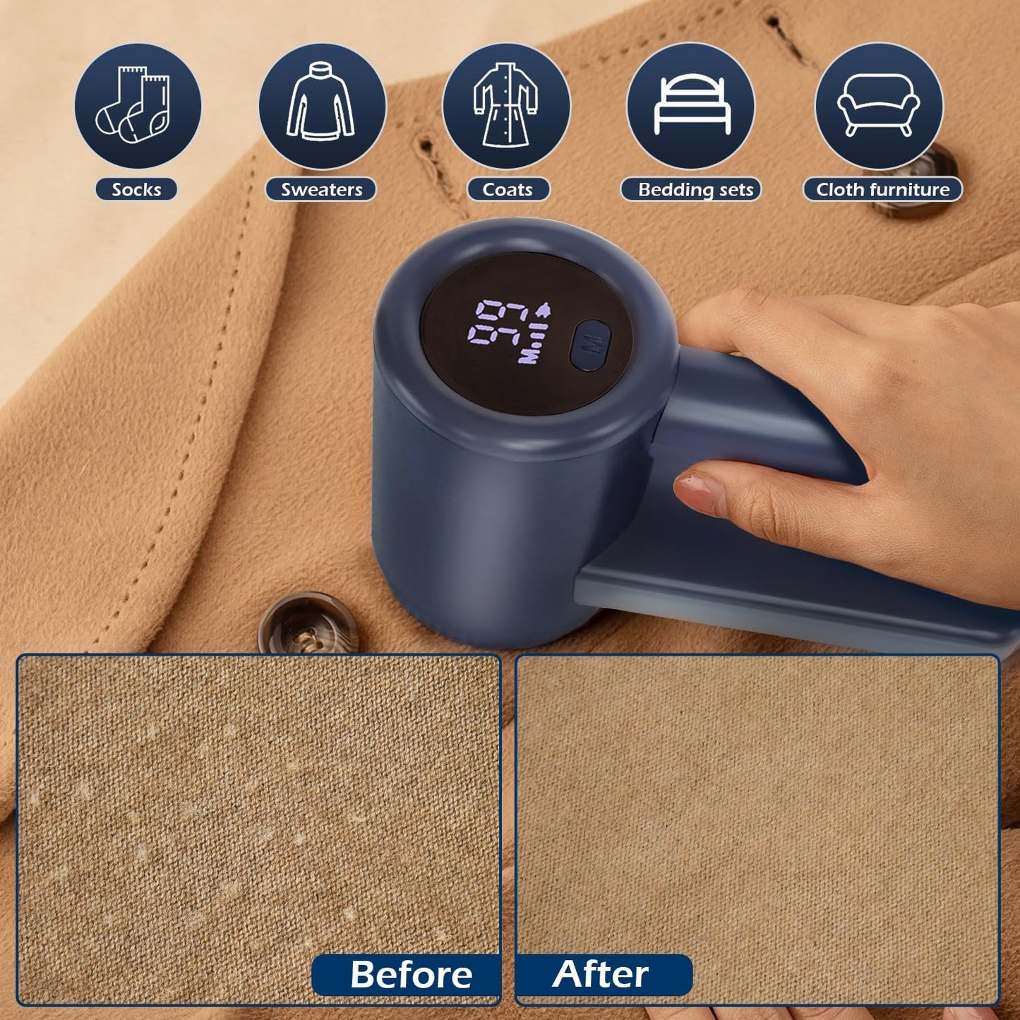 iRUNTEK Rechargeable Fabric Shaver & Lint Remover｜3-Speed Lint Shaver with LED Display & Large Lint Bin｜Sweater Shavers to Remove Pilling｜Eliminates Fuzz & Pilling from Clothes Couch Furniture, Navy