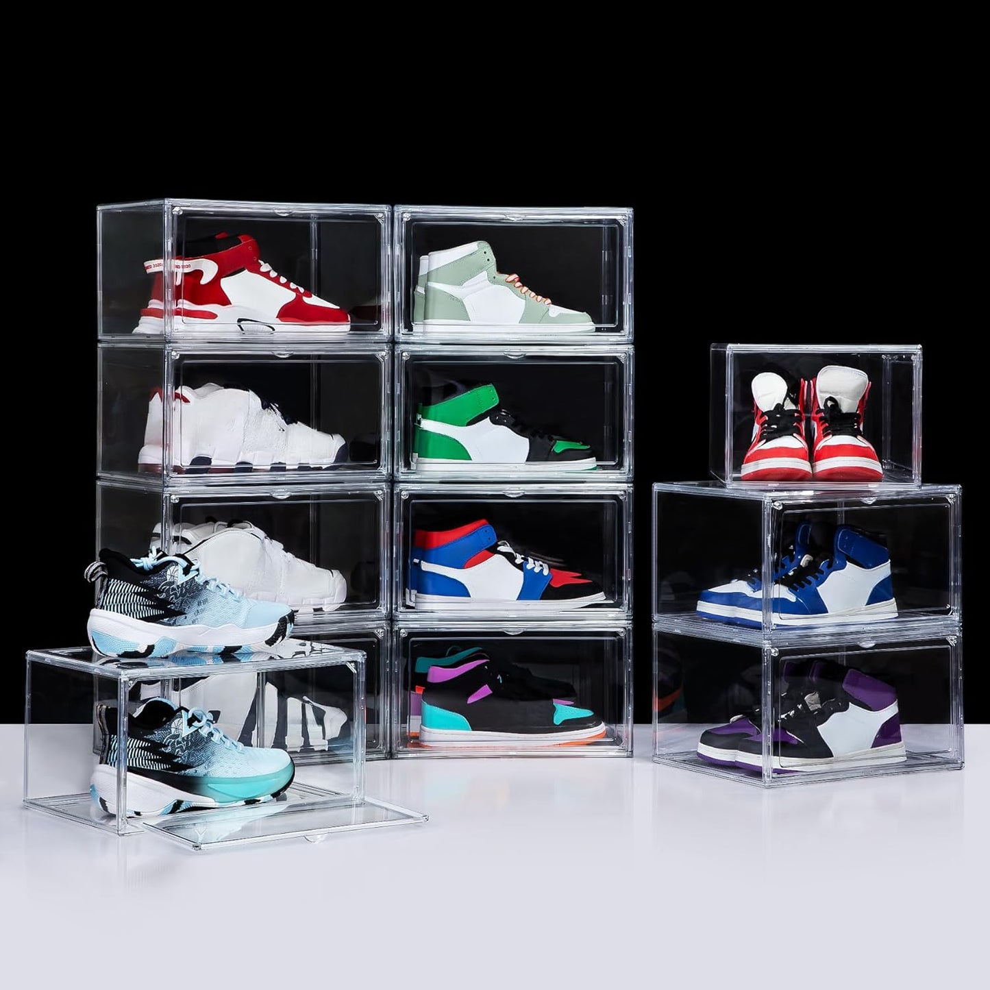 NYZE 12 Pack Acrylic Shoe Boxes Side Open, Clear Shoe Box Plastic Stackable, Shoe Storage Organizer with Magnetic Door, Shoe Display Shoe Containers with Lids Fits Up to Size 15