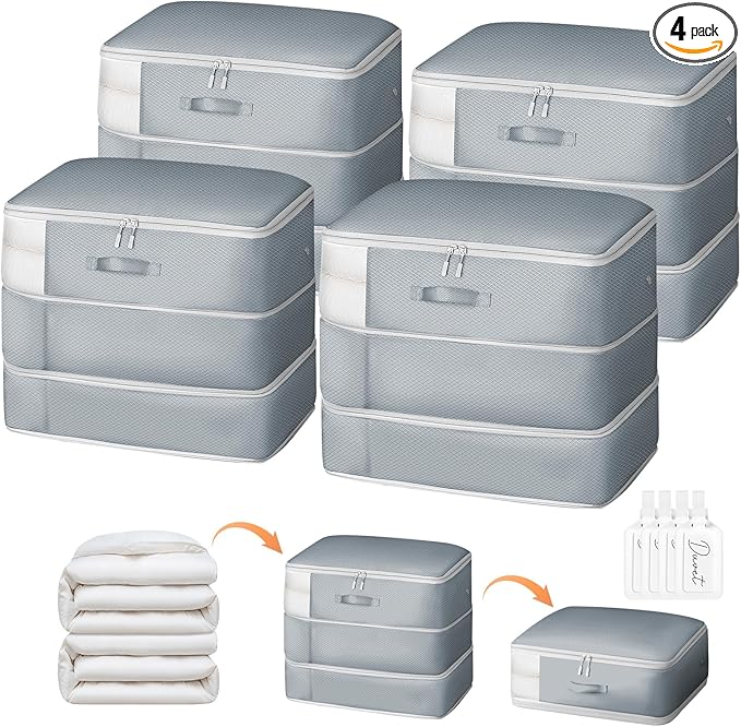 DIMJ Comforter Storage Bag - 110L Ultra Space Saving Self Compression Organize 4 Pack for Duvet, Pillow, Bedding, Blanket Storage Organizer Nylon Compression Bags