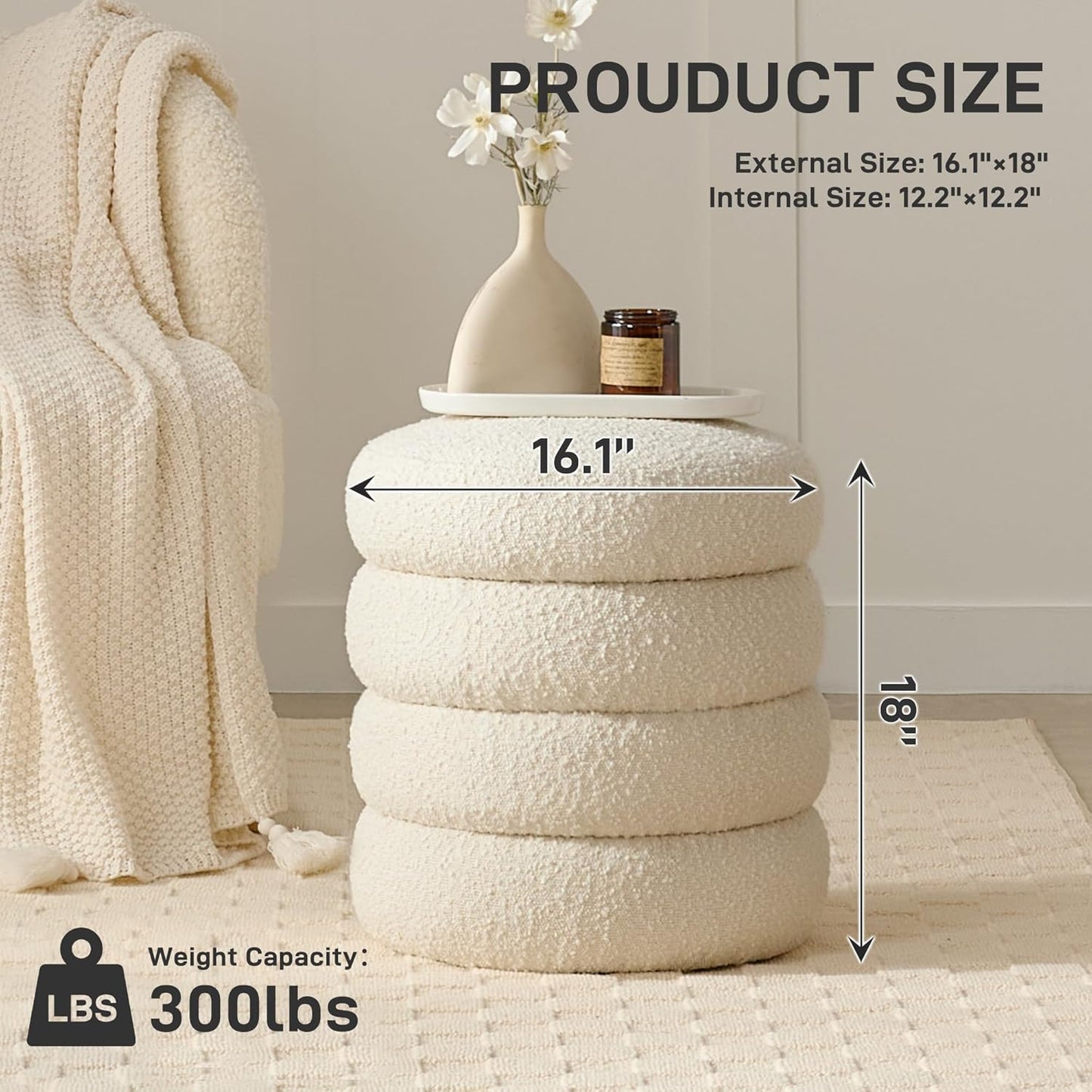 Round Ottoman with Storage Boucle Ottoman Stool with Storage Removable Lid for Living Room Modern Vanity Sorage Stool Foot Rest Bedroom Dorm Gift Set of 1 (White)