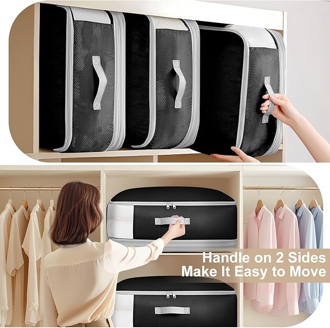 Comforter Storage Bag - 130L Large Capacity Blanket Storage Bags 4-Layer Ultra Space Saving Self Compression Organizer, Washable Compression Bags for Storage Comforter Blanket, 2-Pack, Black