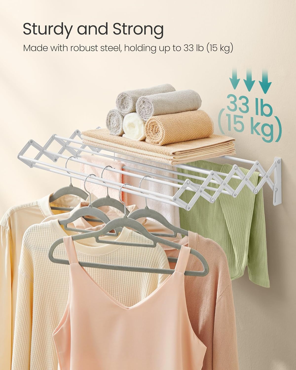 SONGMICS Clothes Drying Rack, Wall-Mounted Drying Rack Clothing, Accordion Laundry Rack, 9 Staggered Hanging Rods, Expandable and Retractable, Steel, Cloud White ULLR806W01