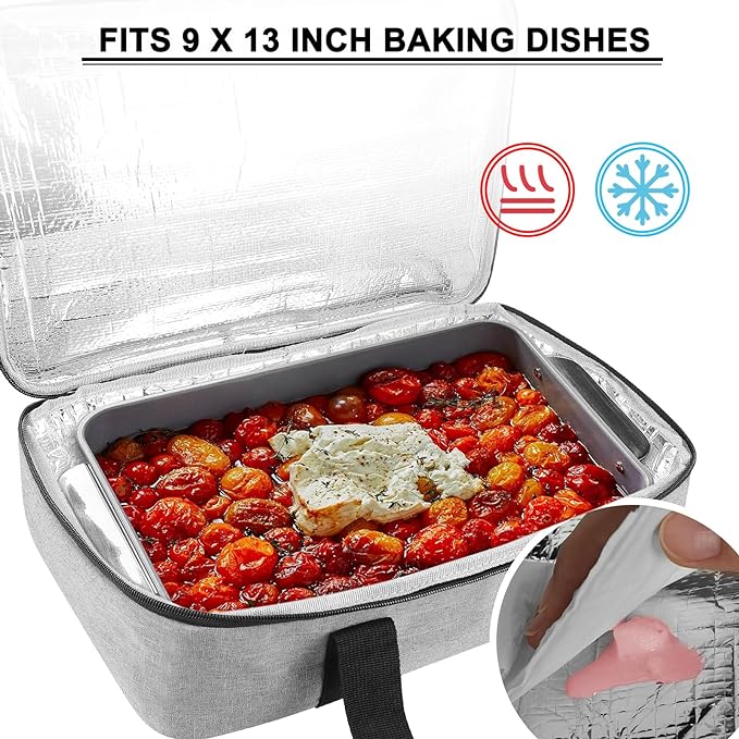 esouler Insulated Casserole Carrier Bag Hot & Cold Food Carrier Bag Lasagna Holder Lunch Bag for Picnics, Parties, Travel, Fits 9 x 13 Inches Casserole Dish-Grey
