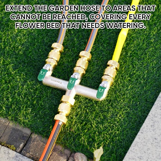 Heavy Duty Brass Garden Hose Splitter - 3-Way 3/4" GHT Thread, High Flow Faucet Splitter, Water Hose T Spigot Splitter with Shutoff Valves, Water Adapter & Connector-Long Metal Handle