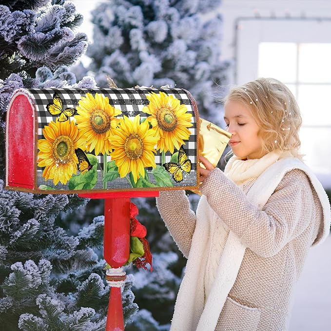 Sunflower Butterfly Magnetic Mailbox Cover Summer Flower Black White Buffalo Plaid Mailbox Cover Large Size 25.5" x 21" Yellow Floral Post Letter Box Wraps for Outdoor Garden Yard Home Decor