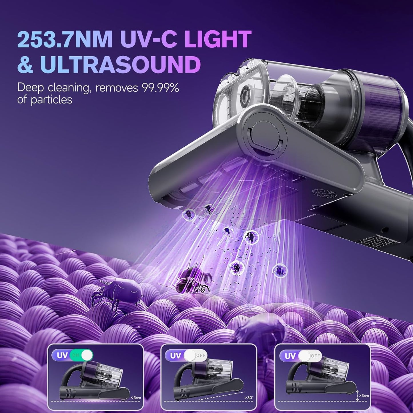 Mattress Vacuum Cleaner, 18Kpa Handheld Bed Vacuum Cleaner with 253.7nm UV-C Light, HEPA Filter & Ultrasoni, 150℉ Heat, Smart Dual Cup, and One-Click ash Removal for Bed, Sofa(Gray)