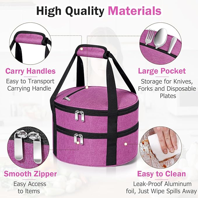 Round Double Insulated Casserole Carrier, Pie Carrier Bag, Portable Casserole Carrier for Hot or Cold Food Lunch Tote, Lunch Bag for Parties Picnic, Fits 12.5" Baking Dish, Rose Red