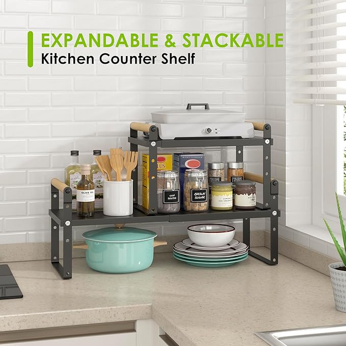 DOLALIKE Expandable kitchen Countertop Organizer, Stackable Cabinet Shelf Organizers, Space Saving Spice Rack Pantry Storage for Bathroom Office Organization (6.9'D*13-19.7''W*15.7''H, Black)