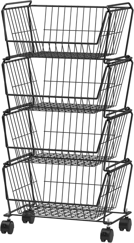 PUSDON 4-Tier Stackable Metal Storage Baskets, Anti-Rust Fruit Vegetable Rack, Dual Use Shelf for Kitchen, Home & Office, Black